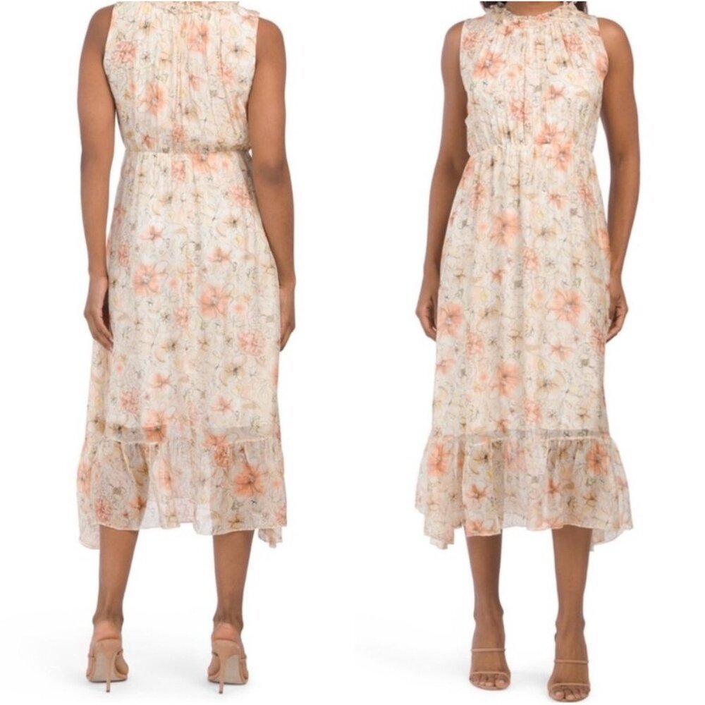 La Ragazze Floral Silk Blend Midi Dress Made In Italy Elastic Waist Sz P Modest